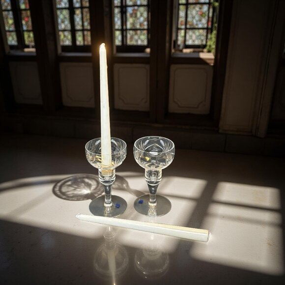 2 Hadeland Norway Crystal Stem Candle Holders with Labels Cut Starburst Coupe Fo - Picture 8 of 10